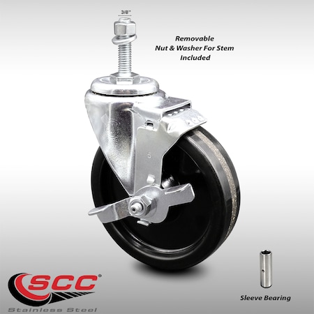 Service Caster 5 Inch SS Phenolic Wheel Swivel 3/8 Inch Threaded Stem Caster with Brake SCC SCC-SSTS20S514-PHS-TLB-381615